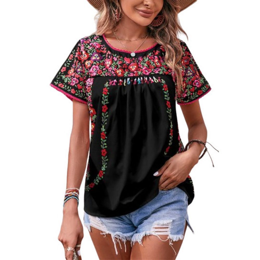 E-Rétro Black Floral Lace-Trim Gathered-Front Tunic Size S